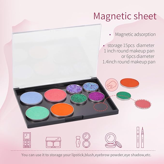AJLTPA Magnetic Makeup Palette with Clear Top, Empty Eyeshadow Pan Dispensing Storage Box with 40Pcs Adhesive Metal Stickers for DIY Cosmetics Lipstick Blush Powder(Medium Palette - 5.7"x4.3")