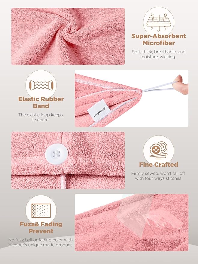 Hicober Microfiber Hair Towel, 2Packs Hair Turbans for Wet Hair, Drying Hair Wrap Towels for Curly Hair Women Anti Frizz(Pink,Grey)