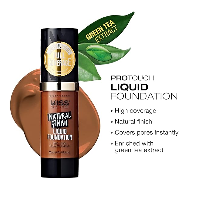 Kiss New York Professional Liquid Foundation - Lightweight and Hydrating Formula, Natural Finish, Control Shine, Cover Pores, Medium to Full Coverage, Green Tea Extract (Caramel)