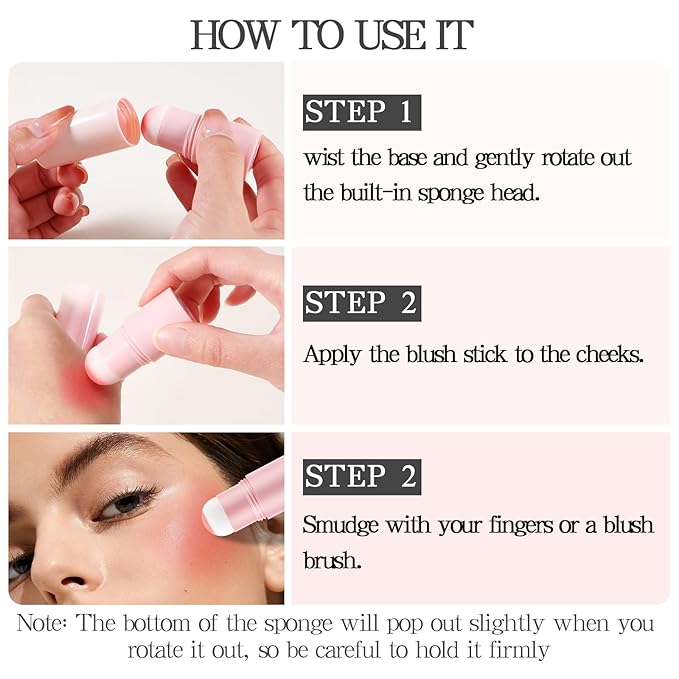 Boobeen Blush Stick, Lightweight Blendable Blush Tint Cheek Blusher, Blush Makeup Stick with Cushion Applicator, Smooth Creamy Blush Beauty Wand for Cheek Lip Eye, Creates Natural Matte Finish