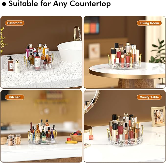 Awenia Rotating Makeup Organizer 360, Stackable Adjustable Large Capacity Cosmetic Storage Unit,Dresser Bathroom Kitchen Countertop Organizer with Metal Handle, Plus Size (Clear, 1 Tier)