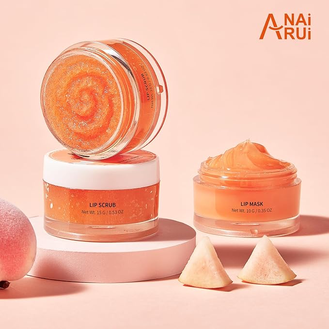 ANAI RUI Lip Balm Mask & Lip Scrub Set, Lip Care Kit, Overnight Lip Treatment with Lip Sleeping Mask & Sugar Lip Exfoliator Scrub, Lip Moisturizer for Dry, Chapped, Dark Lips, Reduce Fine Lines, Peach