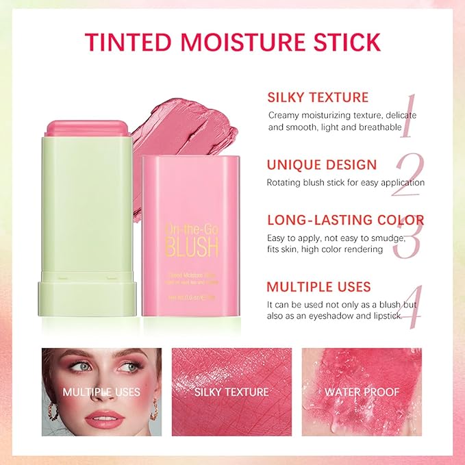 Multi-Use Makeup Blush Stick, Cream Face Blush Makeup Stick for Cheeks Eyes Lips, Super Natural Matte Finish Looking Long-Lasting Moisturizing Blush Stick, Suitable for All Skin (3#, Coral Orange)