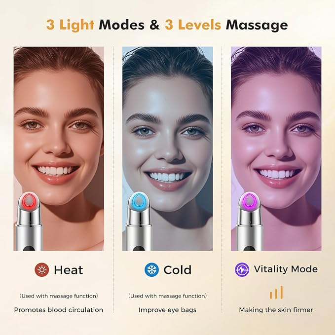 REDLOOK Depuffing Wand - Multi-Mode Cold & Heat Eye with Massager,At Home Face Roller Tool, Beauty Wand for Puffiness Reduction, Dark Circles, and Let The Skin Be Full of Radiance - Silver