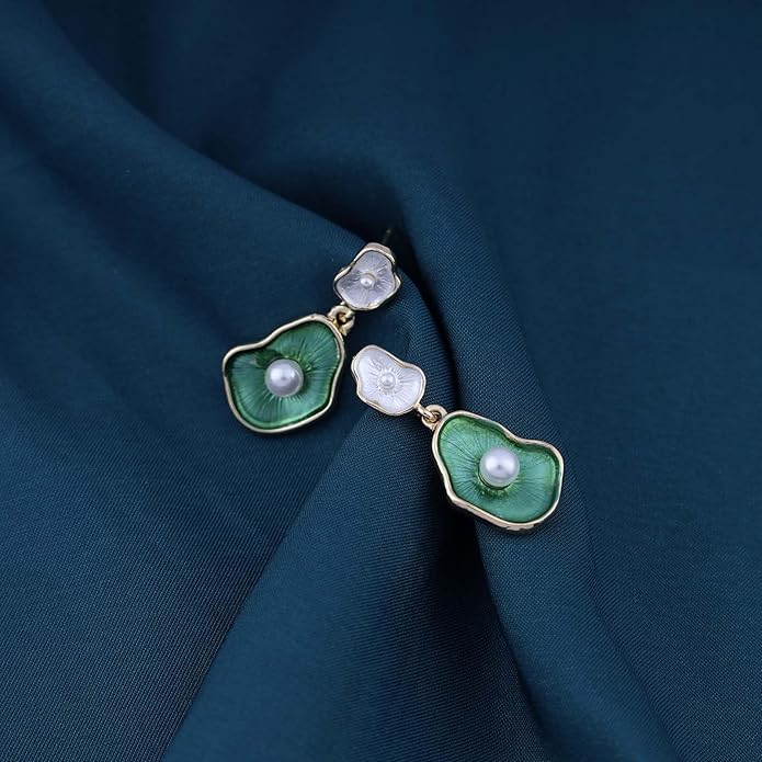 Vintage Lotus leaf Pearl Drop Earrings Green Lotus Leaf Earrings Green Enamel Flower Earrings Gold Irregular Pearl Earrings Jewelry for Women