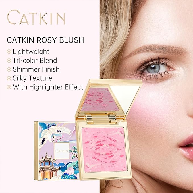 CATKIN Powder Blush for Cheek Blusher Natural Shimmering Blush & Highlight 2 in 1 Creamy Blendable Baked Blush Palette 10g C01 Drunk in Blossom