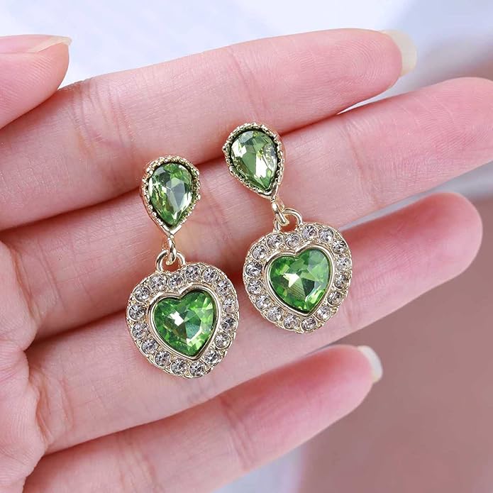 Vintage Emerald Heart Earrings Emerald Cz Teardrop Earrings Rhinestone Heart Drop Earrings Green Gemstone Stud Earrings Jewelry for Women(Green)