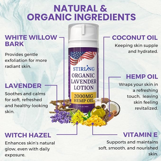 STIRLING Lavender Lotion ā Organic Lavender with 2000mg Hemp Oil, Aloe Vera, and Vitamin E ā Nourishing and Moisturizing Body Lotion for a Soft and Smooth Feel