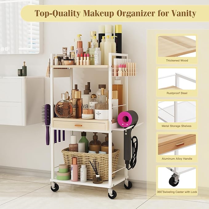 Makeup Organizer Storage Cart, Floor Skincare Organizers, Makeup Stand with Drawers, Vanity Organizer Cosmetics Display Cases Holder for Skin Care Nail Polish Perfume Makeup Brush Hair Tool