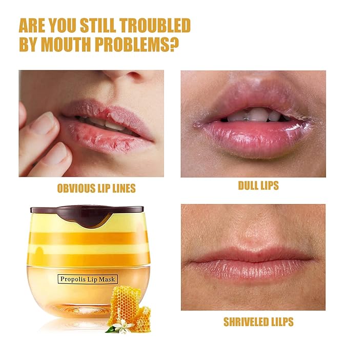 Honey Lip Balm Pot, Propolis Lip Mask, Strawberry Hydrating Propolis Lip Sleeping Mask, Prevent Dry&Cracked, Lip Repair Nourishes the Lip Skin (2pcs Honey & 2pcs Strawberry)