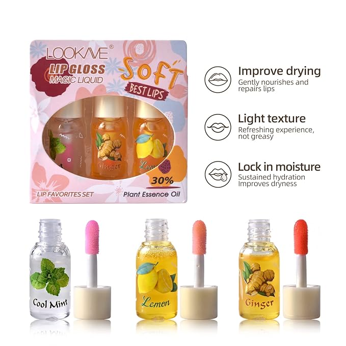 LAMUSELAND 3Pcs Mini Cute Lip Oil, Hydrating Clear Lip Gloss for Lip Care to Prevent and Soothe Dry, Chapped Lips (A (3Pcs))