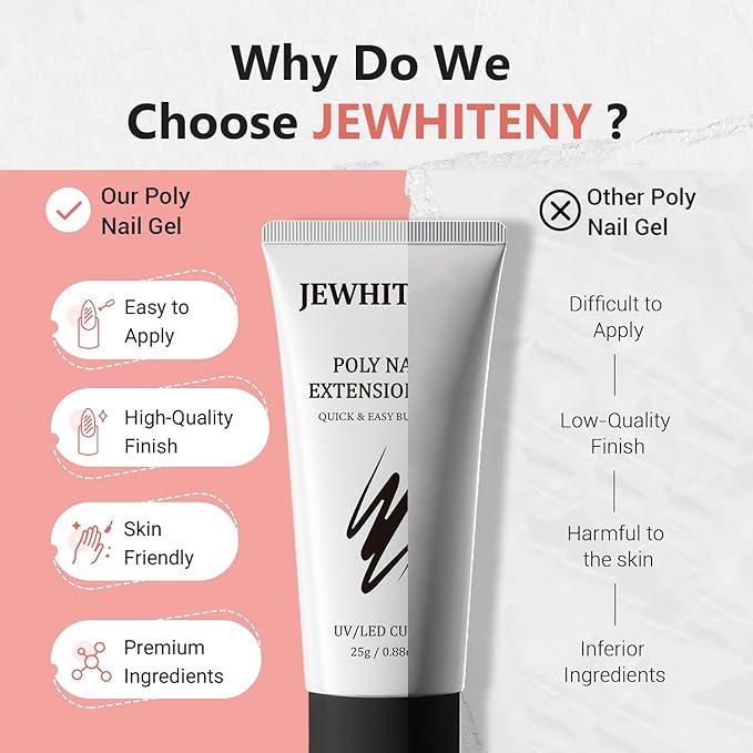 JEWHITENY Poly Nail Gel Set Clear Pink White Poly Extension Gel With Base Coat Top Coat Slip Solution French Manicure Need U V Lamp Curing for Finger Art and Home DIY