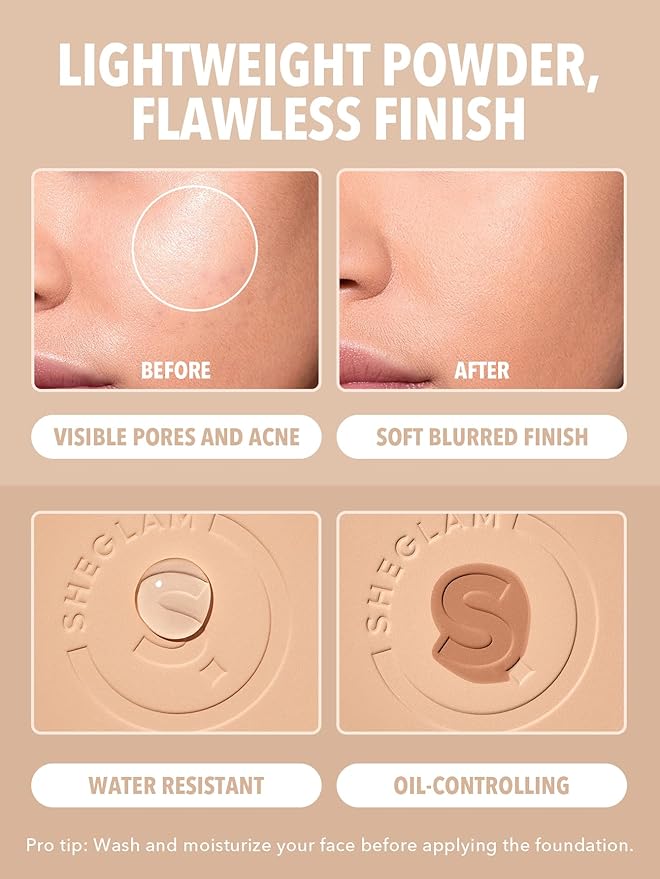 SHEGLAM SKin-Focus Full Coverage Powder Foundation Oil-Control Lightweight Face Pressed Powder Makeup-Fair