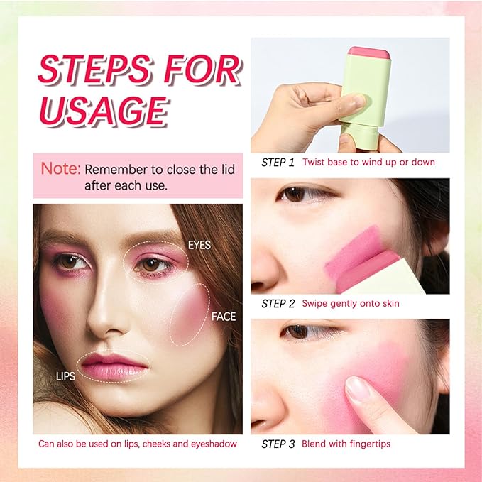 Multi-Use Makeup Blush Stick, Cream Face Blush Makeup Stick for Cheeks Eyes Lips, Super Natural Matte Finish Looking Long-Lasting Moisturizing Blush Stick, Suitable for All Skin (2#, Hot Red)