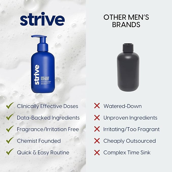 Strive Hydrating Men's Face Wash - Deep Cleans Pores, Exfoliates & Brightens - Refreshing Aloe Vera, Hyaluronic Acid & Niacinamide - Fragrance Free Men's Skincare - 200ml