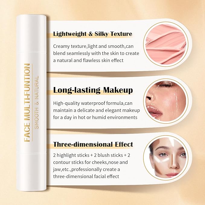 6 Colors Cream Contour Stick Set,Double-ended Cream Bronzer Stick,Highlighter Stick,Blush Stick,Professional Highlighter Makeup Contour Kit,Easy to Sculp Contorno Maquillaje(Set A)