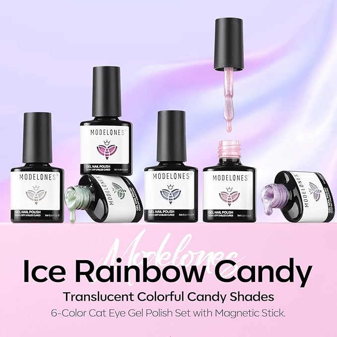 Modelones Cat Eye Gel Nail Polish, 6 Colors Glitter Summer Pink Blue Green Blue Gel Polish Set with Magnet Sparkle Translucent Nail Polish Kit Soak Off Led Nail Art Manicure Salon DIY Gifts