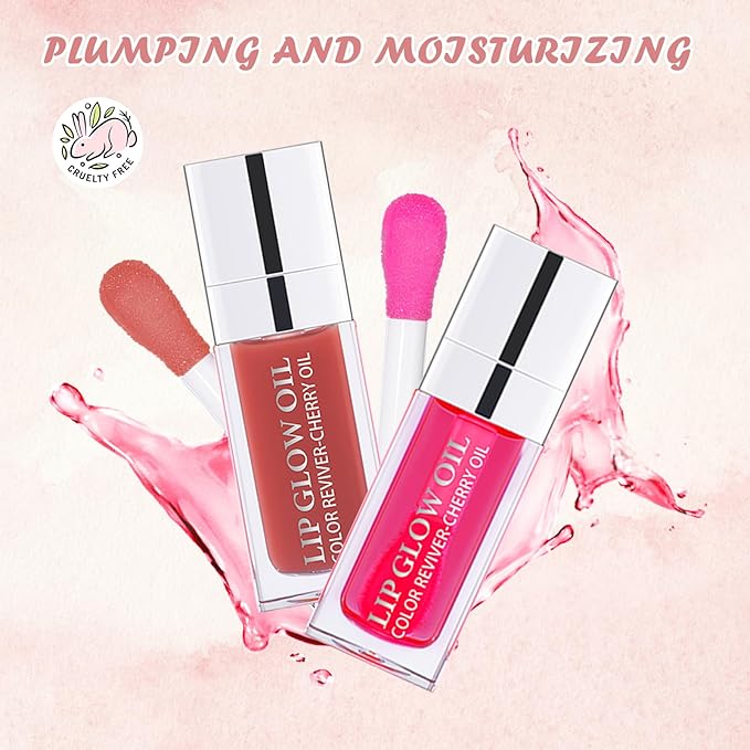 2PCS Lip Oil Set, Hydrating Lip Glow Oil Lip Plumper Gloss, Tinted Lip Oils Transparent Long Lasting Non-sticky Lip Gloss, Plumping Lip Gloss Lip Care Kit (Rosewood & Cherry)
