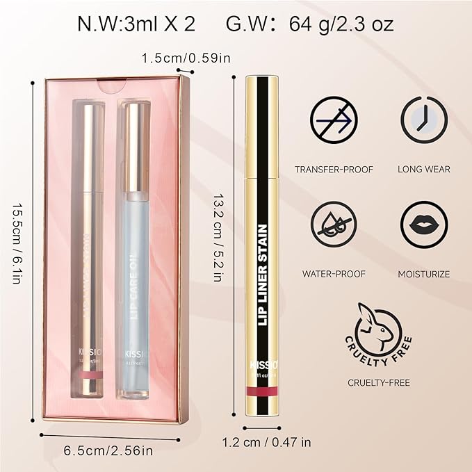 KISSIO Lip Stain Set,Peel Off Lip Liner Stain and Lip Care Oil,Transfer Proof,Long Lasting and Waterproof Lip Tint,Matte Finish,Lip Combo,03 Coral Red