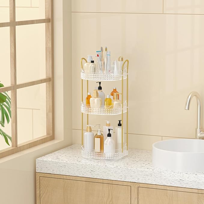 Rotating Makeup Organizer for Vanity 3 Tier, Perfume Organizer with Makeup Brush Holder, Large Capacity Cosmetics Clear Skincare Organizer for Countertop (Transparent)
