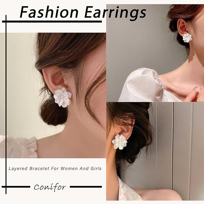 Unique Large White Flower Earrings Studs Vintage Acrylic Floral Petal Earrings Statement French Camellia Flower Earrings Studs Bridal Wedding Prom Earrings Jewelry for Women