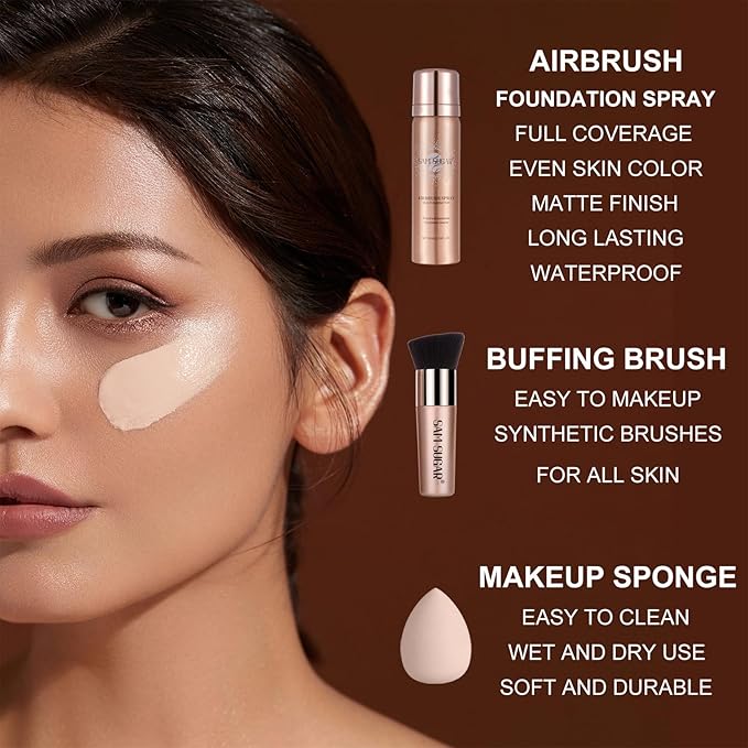 AirBrush Foundation Spray Set, Spray Foundation Makeup and Hydrating Face Primer Kit, Longwear Waterproof Liquid Matte Foundation Mist for Flawless Look, Brush and Sponge Include (#3 Nude)