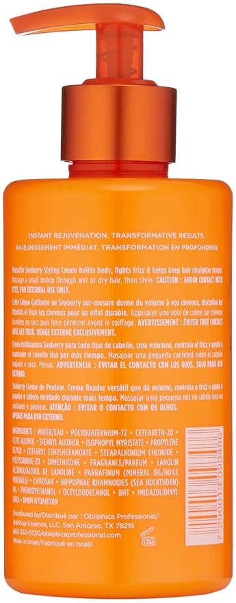 Obliphica Seaberry Styling Cream for Women - Anti-Frizz Control, Normal Hair Products, Damaged Repaired Hair - Hair Mask & Treatment for Protecting Hair & Scalp - 10 Fl Oz
