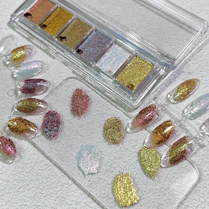 Metallic Nail Art Glitter Set, 6 Colors Gold Flakes for Nails, Mud Texture, Gold Leaf Chameleon Chrome Flakes, Golden Foils Nail Art Decoration, Professional Manicure Supplies