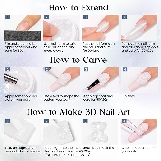 MIZHSE Solid Builder Gel, Aurora White Non-Sticky Hand Sculpting Gel for Nails, Mermaid Pearl 3D Nail Art Building Carving Modeling Hard Extension Soak Off U V LED Manicure Salon Home DIY 15g