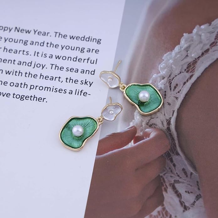 Vintage Lotus leaf Pearl Drop Earrings Green Lotus Leaf Earrings Green Enamel Flower Earrings Gold Irregular Pearl Earrings Jewelry for Women