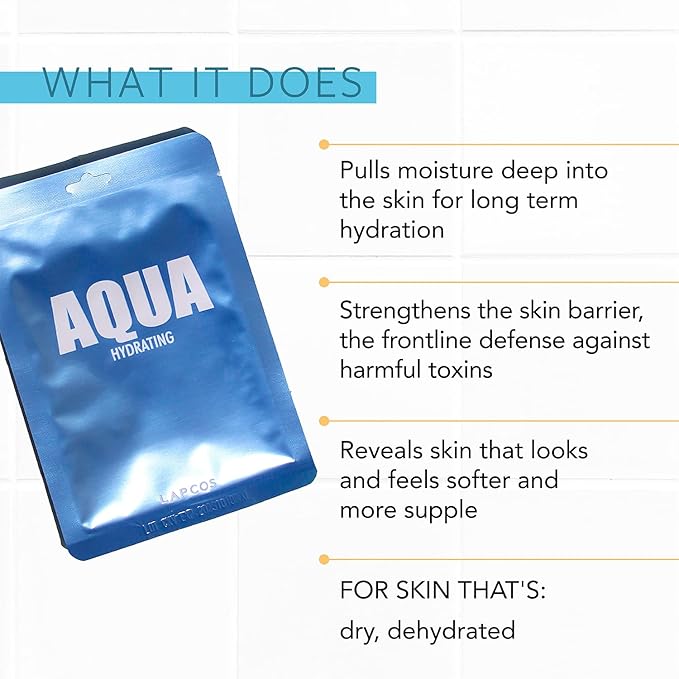 LAPCOS Aqua Sheet Mask, Hydrating Daily Face Mask with Seawater and Plankton Extract to Nourish Skin, Korean Beauty Favorite, 5-Pack