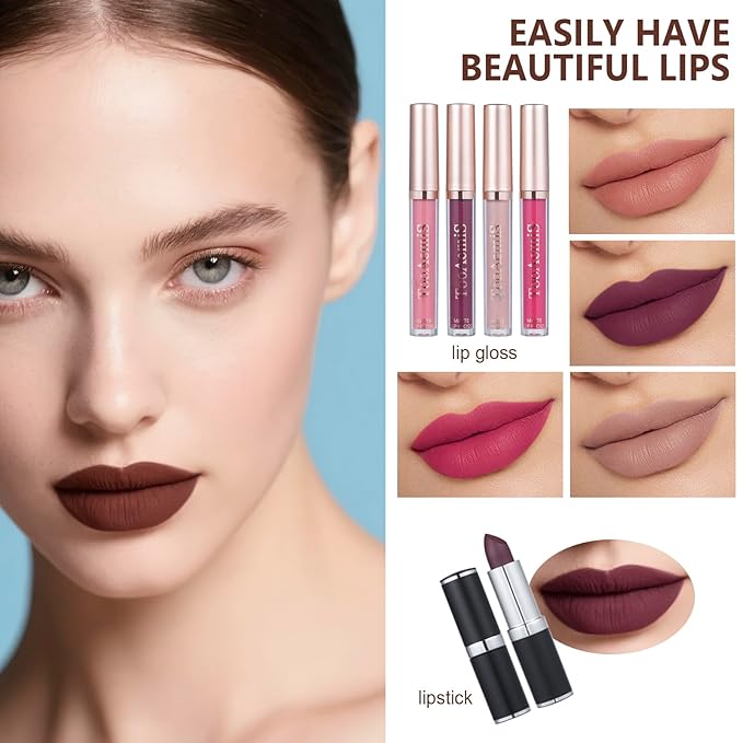 All in One Makeup Kit Makeup Kit for Women Full Kit Multipurpose Makeup ,eyeshadow、 liquid foundation,Loose powder,Eyebrow pencil,4-color lip gloss set