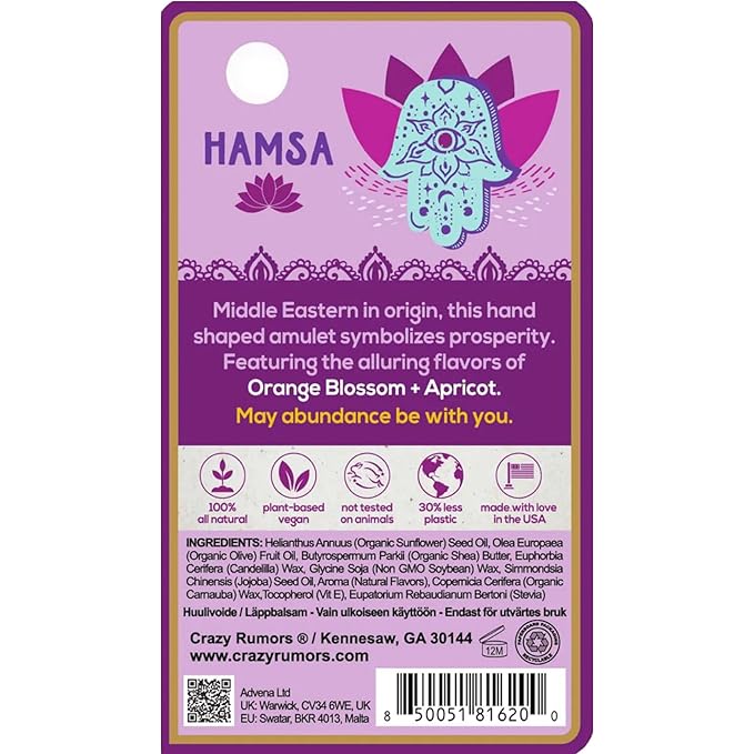 Crazy Rumors Happy Juju All Natural, Plant-Based Lip Balm with Organic Shea & Jojoba 1 Pack (Hamsa)