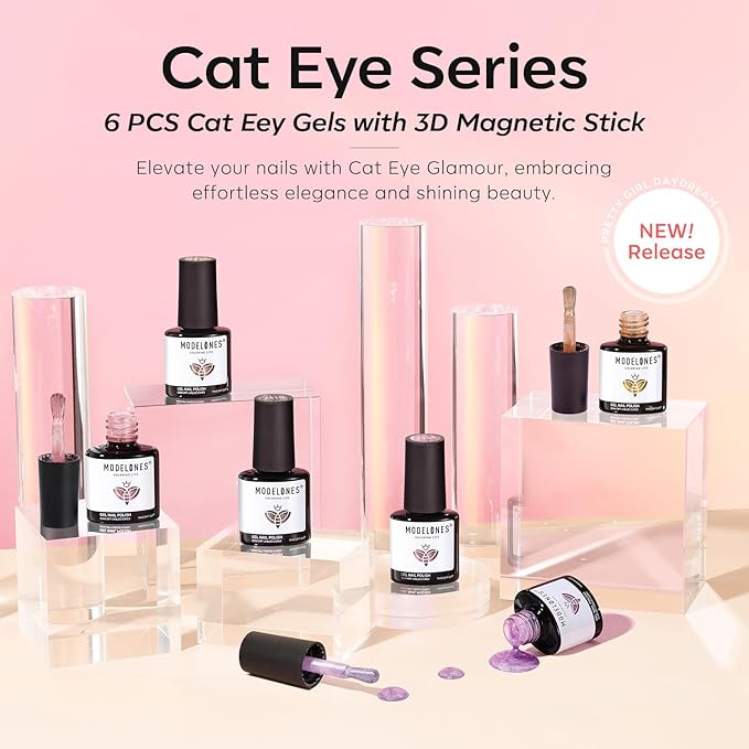 modelones Cat Eye Gel Nail Polish 6 Colors Nude Pink Brown Purple Cat Eye Nail Polish Glitter Semi-transparent Holographic 9D With Magnet Pastel All Seasons Soak Off Led Nail Art DIY Salon Gifts