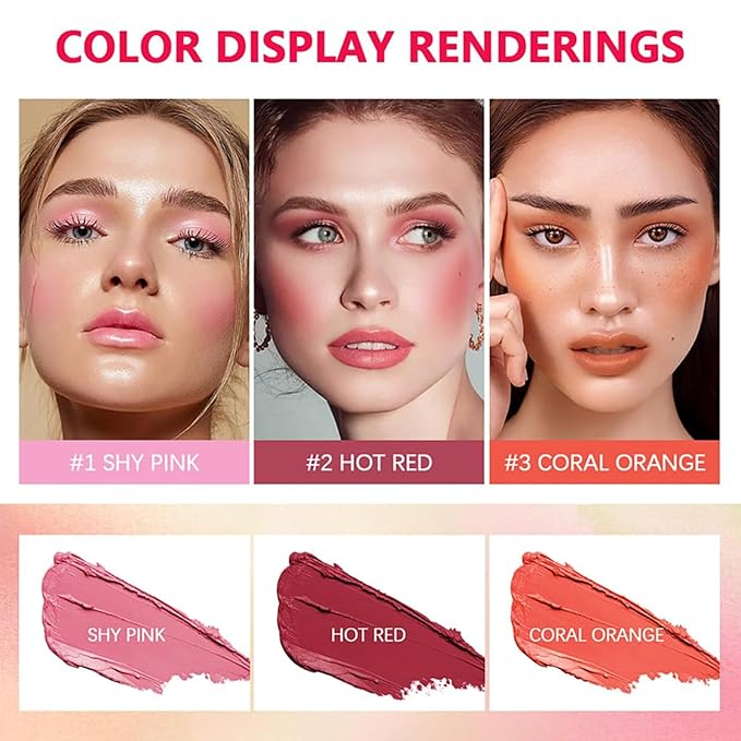 Multi-Use Makeup Blush Stick, Cream Face Blush Makeup Stick for Cheeks Eyes Lips, Super Natural Matte Finish Looking Long-Lasting Moisturizing Blush Stick, Suitable for All Skin (2#, Hot Red)