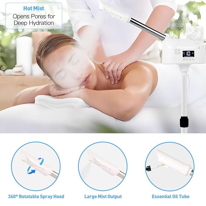 Professional Facial Steamer, Facial Steamer with Hot Mist and Timer Function for Deep Hydration, Height Adjustable Face Steamer on Wheels with Touch Screen and Rotatable Nozzle for Salon Spa Home Use