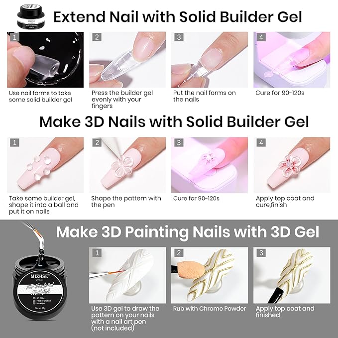 MIZHSE 30g/1oz Solid Builder Gel for Nails and 15g 3D Painting Gel, Clear Hard Gels for Nails Sculpting Nails Art Soak Off U V LED Builder Salon Home DIY Manicure