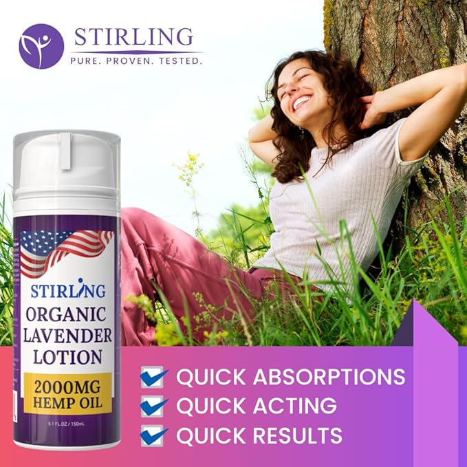 STIRLING Lavender Lotion ā Organic Lavender with 2000mg Hemp Oil, Aloe Vera, and Vitamin E ā Nourishing and Moisturizing Body Lotion for a Soft and Smooth Feel