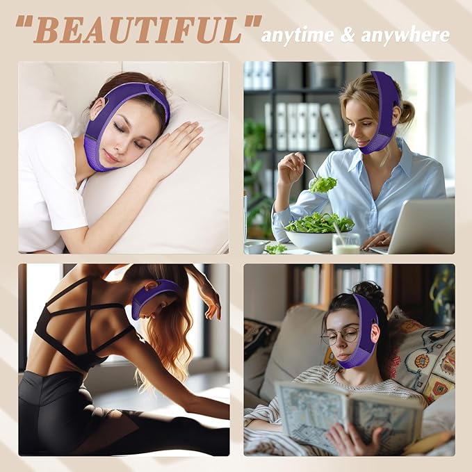 Reusable V Line Lifting Mask with Chin Strap, V Shaped Face Mask for Sagging, Jaw Exerciser (Dark Purple)