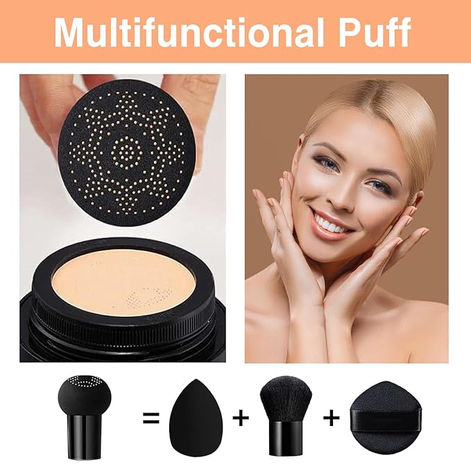 2Pcs Mushroom Head Air Cushion CC Cream, Long Lasting Oil Control BB Cream for All Skin Types, Moisturizing Foundation Face Makeup Set with Foundation Brush (#Natural)