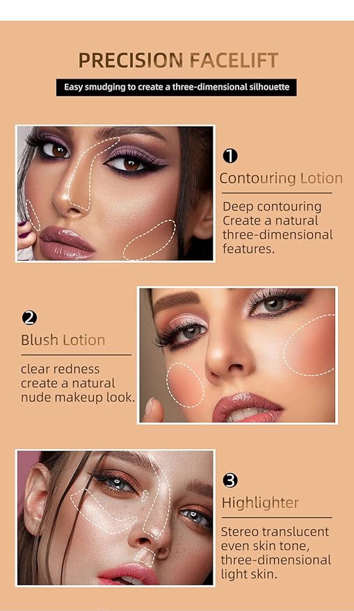 3 Color Contour Beauty Wand, Highlighter ,Face Concealer Contouring with Cushion Applicator Long Lasting & Smooth Matte Finish Liquid Illuminator Makeup Stick .(01 Contour+03 Cherry Red +05 Bronze Gold)