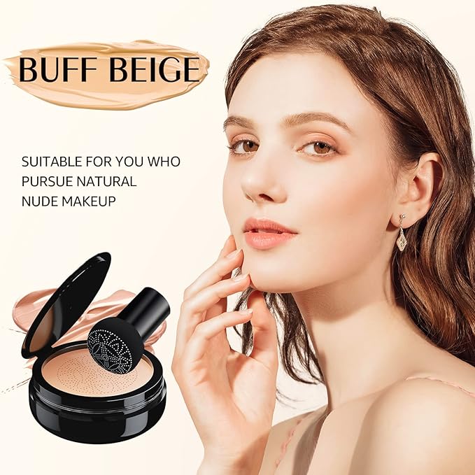 Mushroom Head Air Cushion CC Cream, Long-Lasting Brightening BB Cream Foundation With Powder Puff for Face Makeup and Mature Skin, Moisturizing Full Coverage Self Adjusting Concealer (Buff Beige)