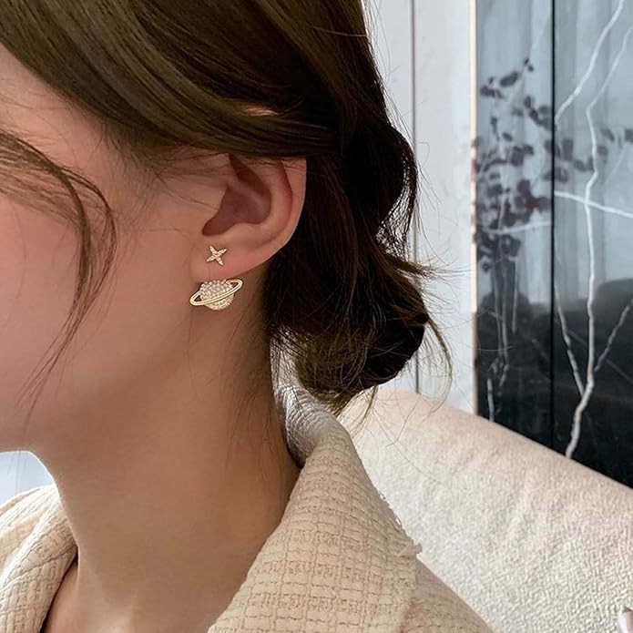 Crystal Saturn Planet Jacket Earrings Vintage Saturn Dangle Earrings Rhinestone Planet Drop Earrings Gold Cz Northstar Stud Earrings Celestial Front Back Earrings for Women Gifts