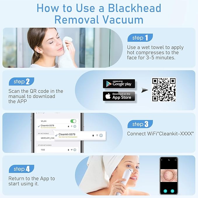 Facial Pore Blackhead Remover Vacuum, 1080P Camera Blackhead Remover, 20x Zoom, 8 LEDs & 3 Suction Modes, 800mAh Battery & USB - 6 Heads Pore Cleaner Kit for Women&Men(Blue)