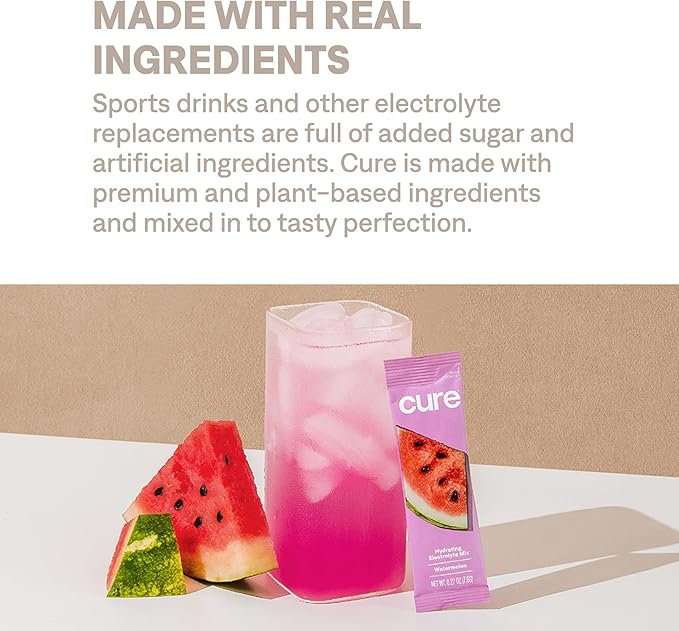 Cure Hydration | Plant-Based Electrolyte Drink Mix | No Added Sugar | Dehydration Relief Powder Made with Coconut Water | Non-GMO | Vegan | 28 Servings Jar - Watermelon