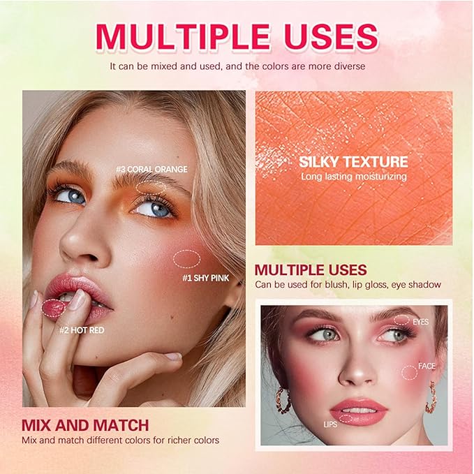 Multi-Use Makeup Blush Stick, Cream Face Blush Makeup Stick for Cheeks Eyes Lips, Super Natural Matte Finish Looking Long-Lasting Moisturizing Blush Stick, Suitable for All Skin (2#, Hot Red)