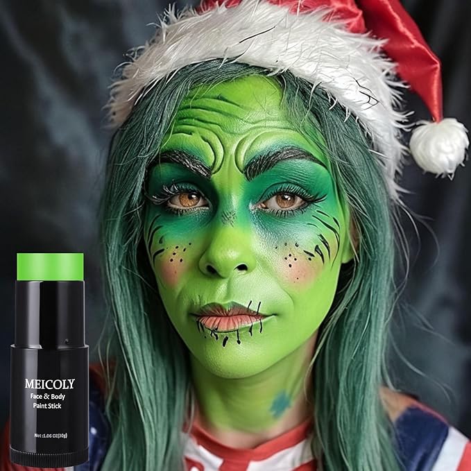 MEICOLY Lime Green Face Body Paint Stick,St Patricks Day Accessories,Light Green Face Paint,Hunting Camo Paint,Halloween SFX Cosplay Witch Makeup for Kids and Adults,Eye Black Stick