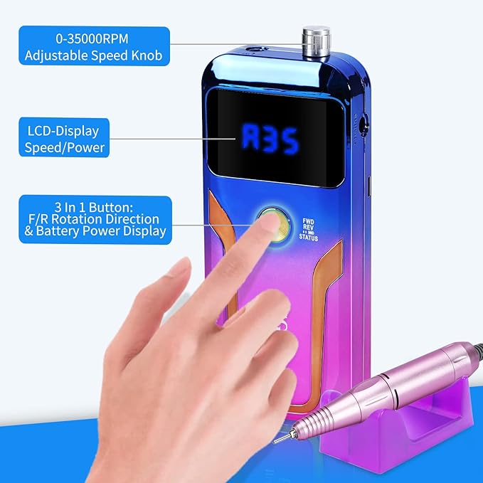 Portable Nail Drill Professional 35000 RPM, MOCOWIND Rechargeable Electric Nail File Machine for Acrylic Nails Gel Polishing Removing, Cordless E-File with Bits for Manicure Salon Home, Blue & Purple