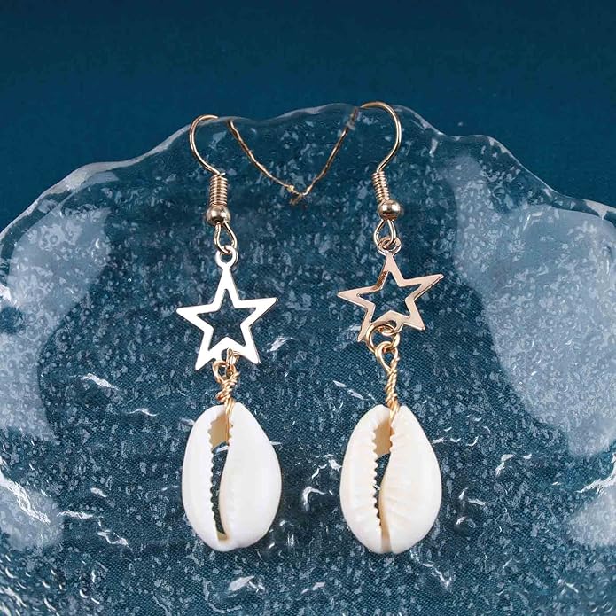 Vintage Cowrie Drop Earrings Puka Shell Dangle Earrings Gold Star Dangling Earrings Hollow Star Earrings Jewelry for Women
