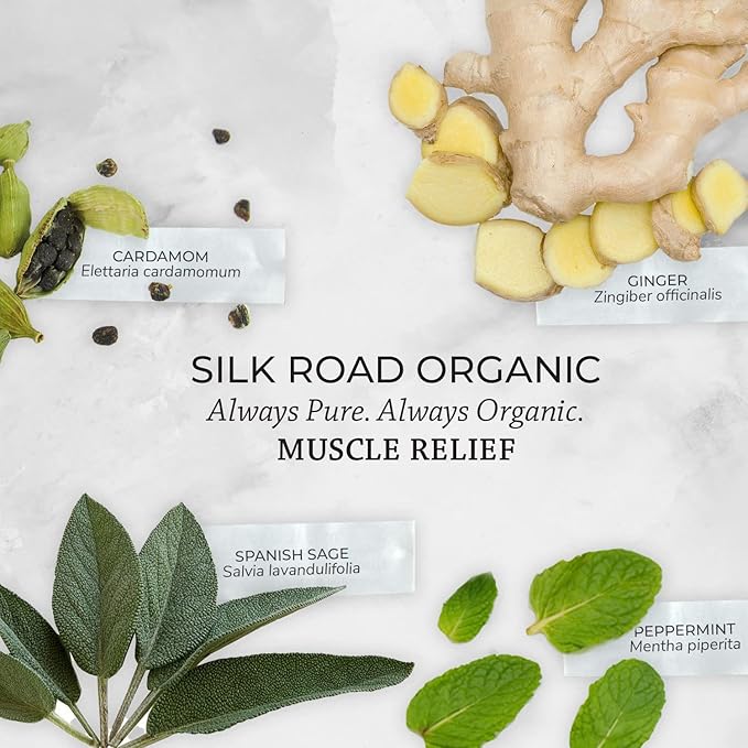 Silk Road Organic Muscle Relief Essential Oil Blend Roll On, 100% Pure USDA Certified Aromatherapy for Muscle Aches & Stiff Joints with Peppermint & Ginger - 10 ml Roller